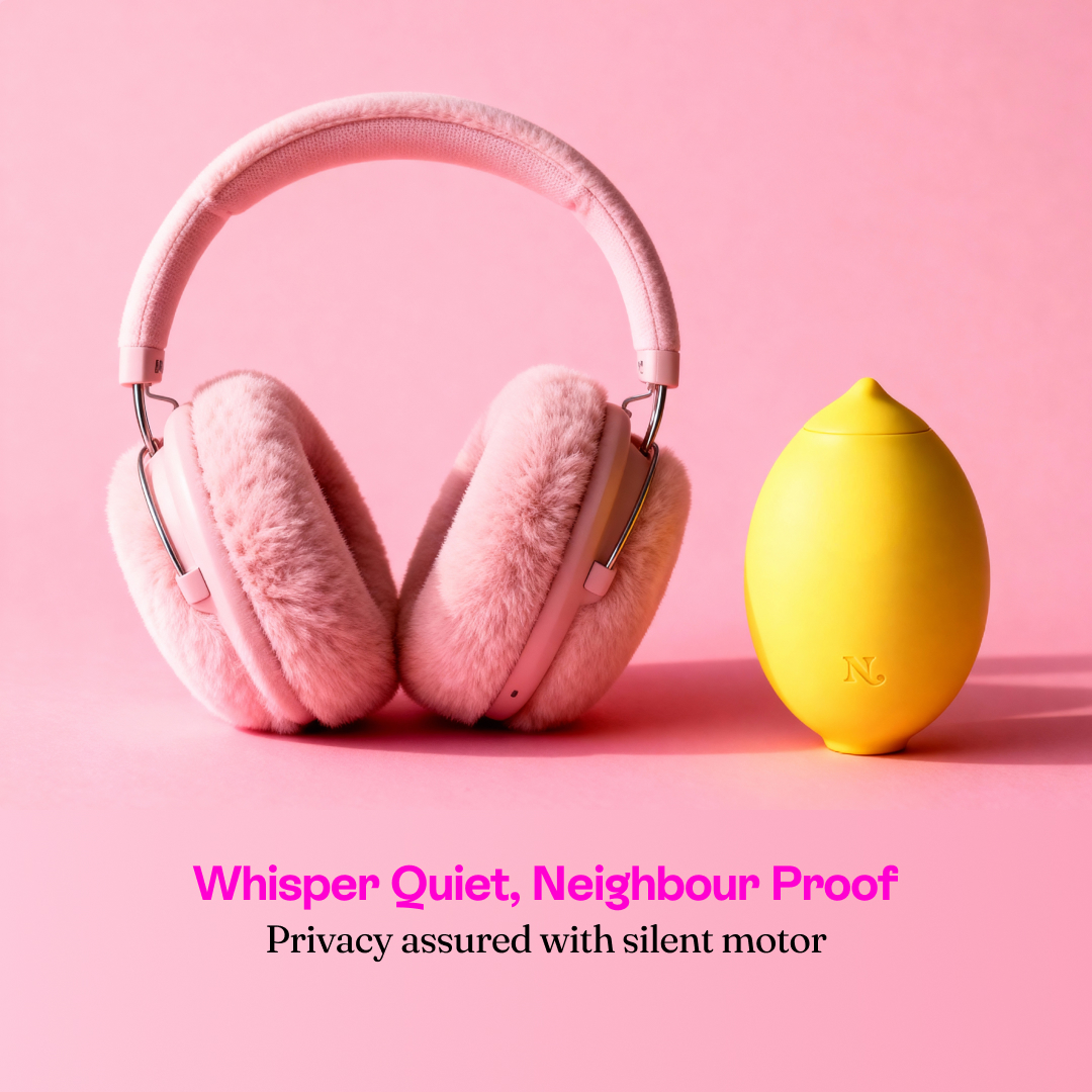 Nancy Lem whisper-quiet — product shown beside pink headphones, privacy assured